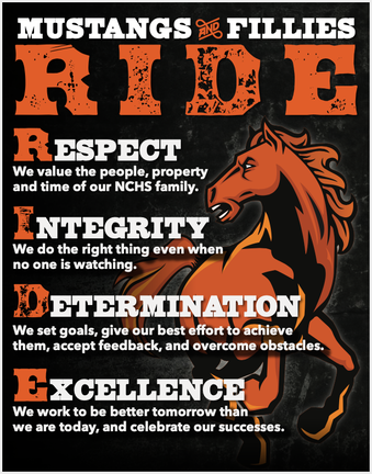 Mustangs and Fillies Ride Respect - We value the people, property and time of our NCHS family.  Integrity - We do the right thing even when no one id watching. Determination- We set goals,give our best effort to achieve  them, accept feedback, and overcome obstacles.  Excellence- We work to be better tomorrow than we are today, and celebrate our successes. 